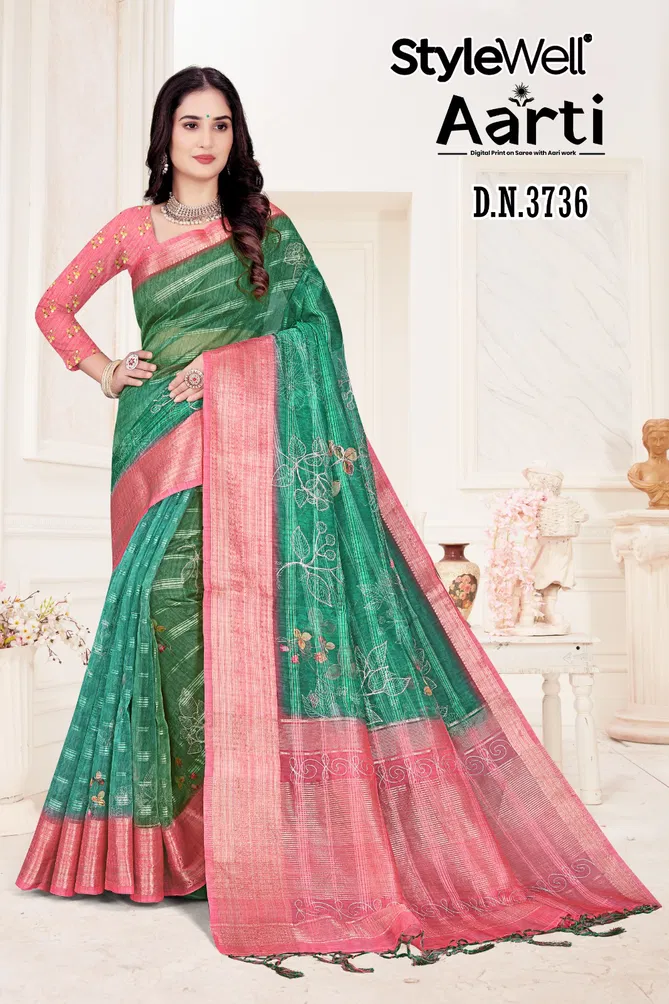 Aarti By Stylewell Thread Work Organza Designer Sarees Wholesale Shop In Surat